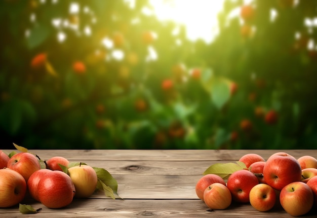 Tavolo in legno con frutti di mele rosse e spazio libero sulla natura sfondo sfocato IA generata