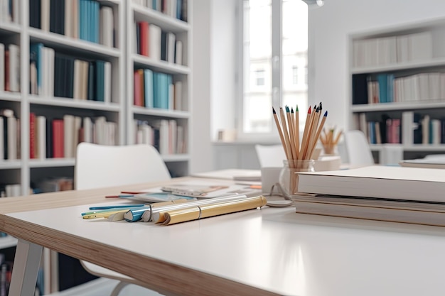 Tavolo in legno con libri e matite sparsi sopra IA generativa