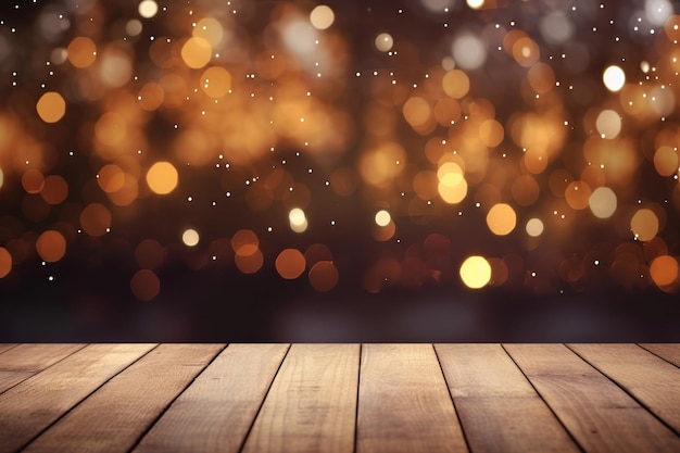 Tavolo in legno con luci bokeh di Natale