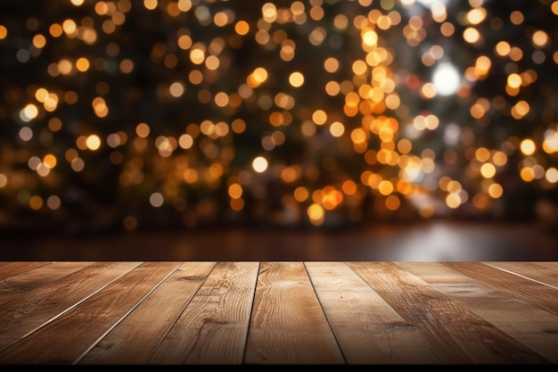 Tavolo in legno con luci di Natale su uno sfondo bokeh ai generativo