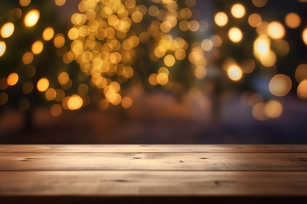 Tavolo in legno con luci di Natale su uno sfondo bokeh ai generativo