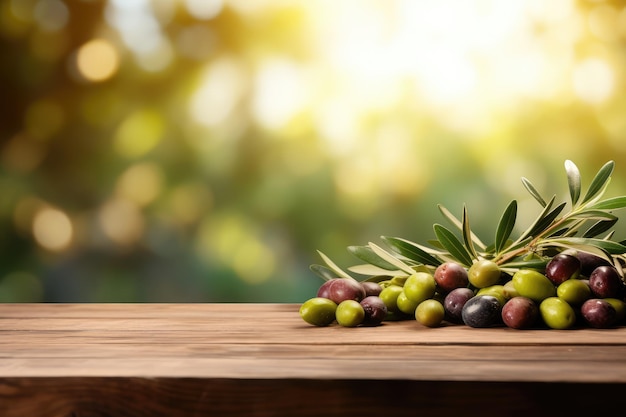 Tavolo in legno con olive e spazio libero sullo sfondo della natura