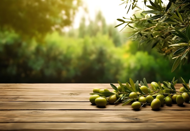 Tavolo in legno con olive, frutta e spazio libero sulla natura sullo sfondo sfocato generato da IA