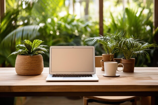 Tavolo in legno con schermo bianco per laptop e una tazza di caffè