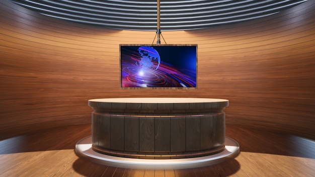 Tavolo in legno con sfondo in legno e schermo verde nell'illustrazione 3D dello studio di notizie