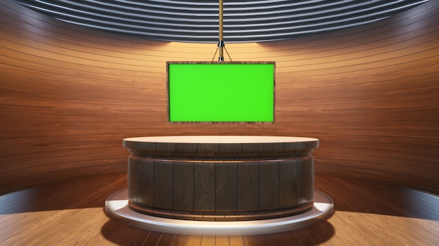 Tavolo in legno con sfondo in legno e schermo verde nell'illustrazione 3D dello studio di notizie