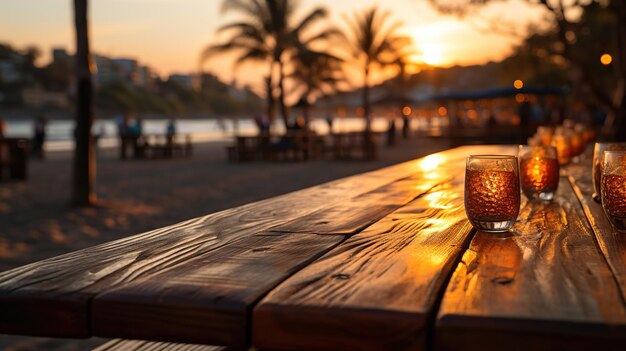 Tavolo in legno con sfondo sfocato al tramonto sulla spiaggia Posizionamento del prodotto in riva al mare