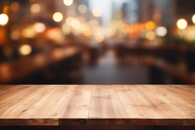 Tavolo in legno con sfondo sfocato per la visualizzazione del prodotto o il layout visivo