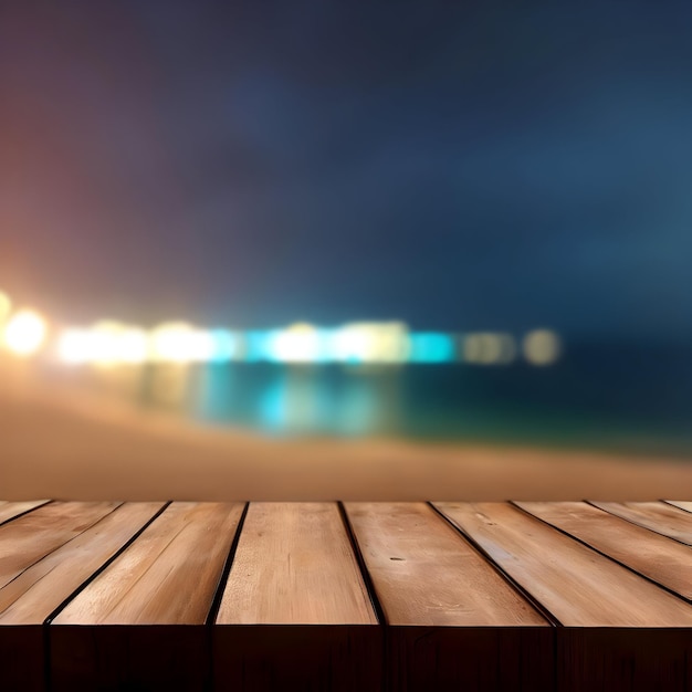 tavolo in legno con sfondo sfocato sulla spiaggia di notte