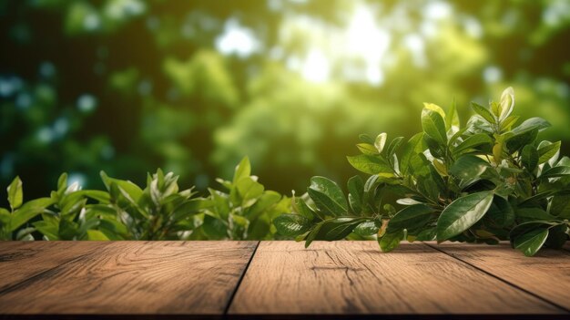 Tavolo in legno con sfondo sfocato verde naturale e spazio libero