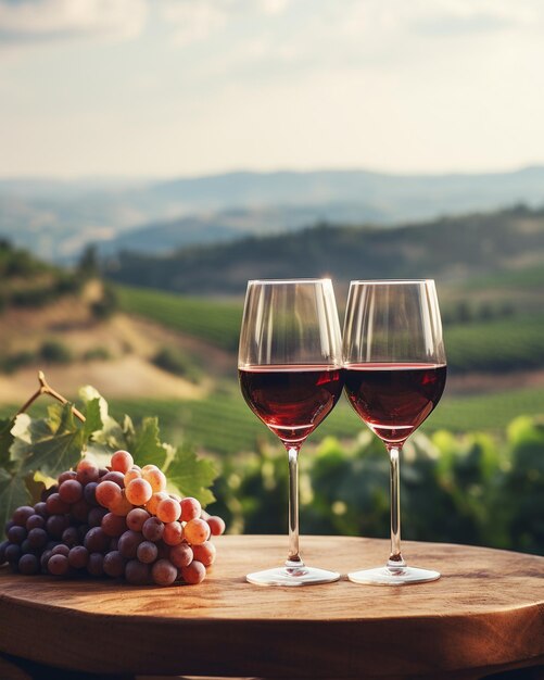 Tavolo in legno con un bicchiere di vino sullo sfondo sfocato del paesaggio del vigneto