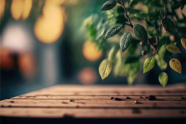 tavolo in legno con un giardino sfocato sullo sfondo