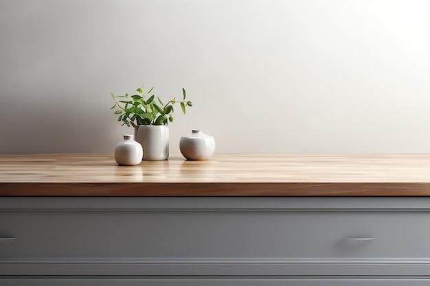 Tavolo in legno con vasi e piante in 3D