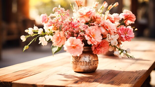 Tavolo in legno con vaso di fiori freschi dall'eleganza rustica