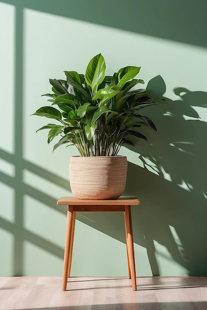 Tavolo in legno con vaso di piante su parete verde chiaro con ombra di sfondo di luce solare Foto di alta qualità