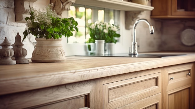 Tavolo in legno con vaso pieno di fiori Interno di una cucina moderna in legno massiccio