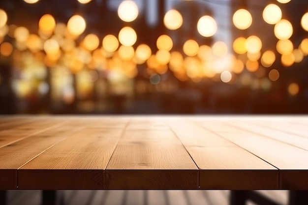 Tavolo in legno di fronte a sfondo sfocato astratto di luci colorate del ristorante IA generativa