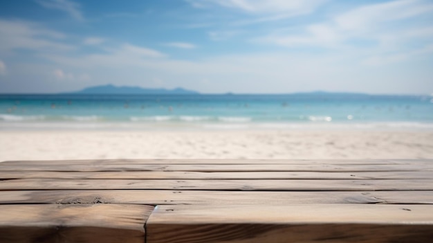 Tavolo in legno di fronte alla spiaggia di sabbia bianca sfocata Immagine AI generativa