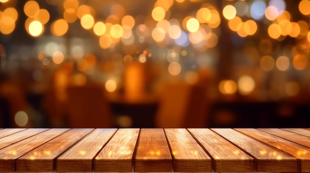 tavolo in legno di fronte astratto sfondo di luci ristorante offuscata