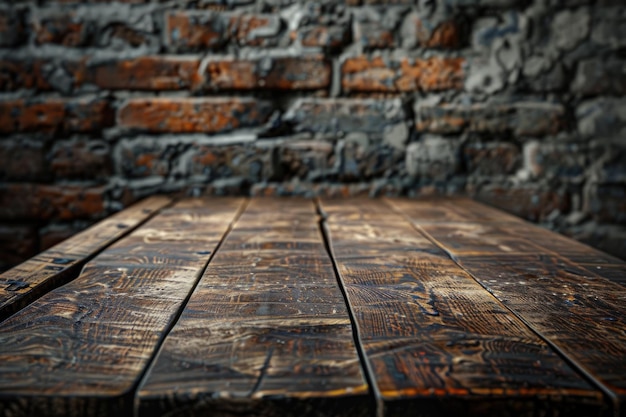 Tavolo in legno e parete in mattoni per l'esposizione o l'editing di prodotti