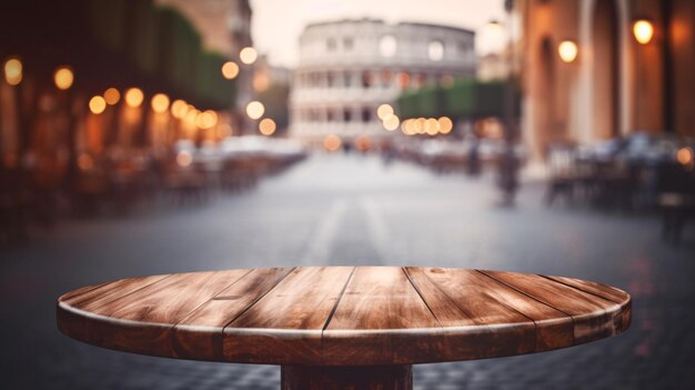 Tavolo in legno estetico Urban Vibes con sfondo sfocato del paesaggio urbano potenziato dall'IA generativa