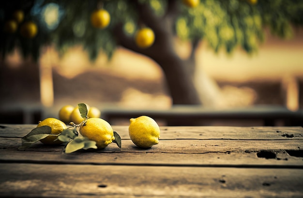 Tavolo in legno giardino di limoni e sfondo sfocato IA generativa