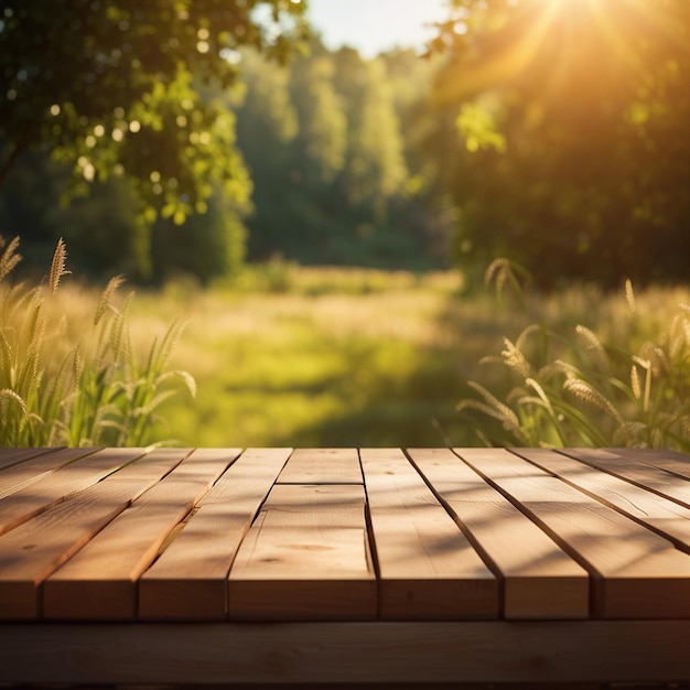 tavolo in legno in campo per la presentazione del prodotto scena di bellezza del tempo soleggiato