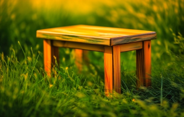 Tavolo in legno in erba con sfondo sfocato