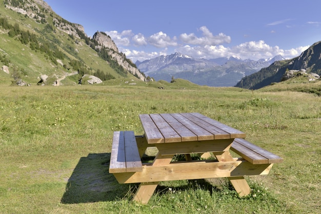 Tavolo in legno in montagna di erba