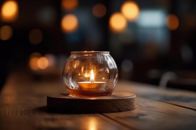 Tavolo in legno in un romantico ristorante a lume di candela
