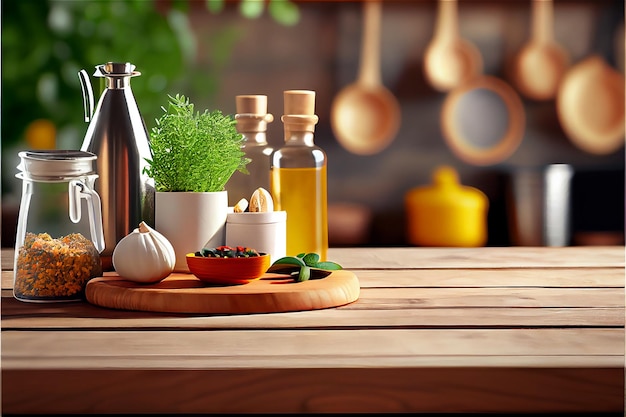 Tavolo in legno in una cucina con strumenti culinari e ingredienti per gli sfondi di preparazione del cibo