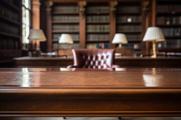 Tavolo in legno lucidato in un ambiente tradizionale da biblioteca