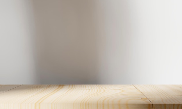 Tavolo in legno minimo vuoto con goccia d'ombra su sfondo bianco per la visualizzazione del prodotto mockup Illustrazione 3D resa