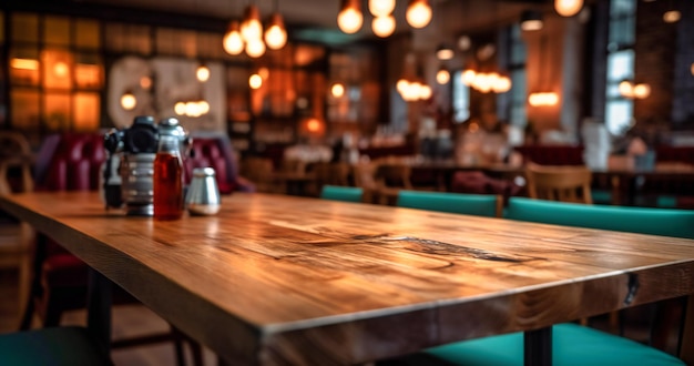 Tavolo in legno nel ristorante con mobili sfondo sfocato