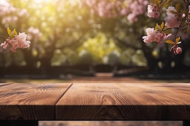 Tavolo in legno ornato da un bouquet di fiori rosa IA generativa