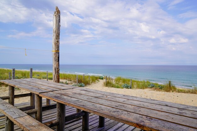 Tavolo in legno panca vista della baia del bacino di Arcachon nella città di Cap Ferret Francia