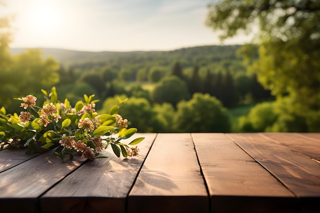 Tavolo in legno per la presentazione dei prodotti sullo sfondo di un paesaggio verde