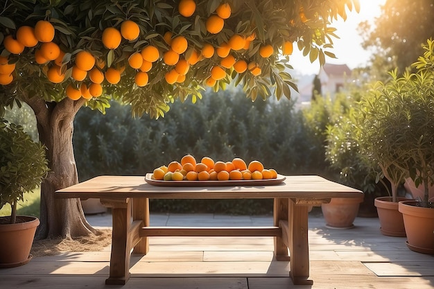 tavolo in legno posto di spazio libero per la vostra decorazione e alberi d'arancia con frutti alla luce del sole