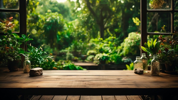 Tavolo in legno Rustic Charm su uno sfondo di giardino verde lussureggiante Generative Ai.