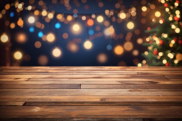 Tavolo in legno rustico 3d contro lo sfondo delle luci bokeh di Natale