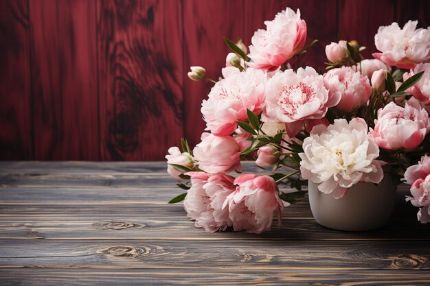 Tavolo in legno rustico bianco decorato con un piatto di peonie rosa e respiro del bambino