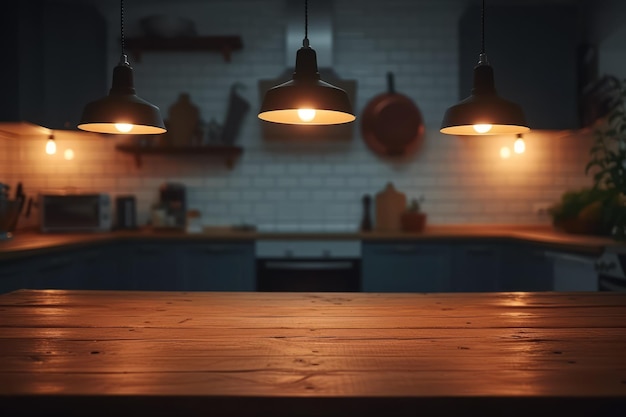 Tavolo in legno rustico con sfondo sfocato dell'interno della cucina con luci appese