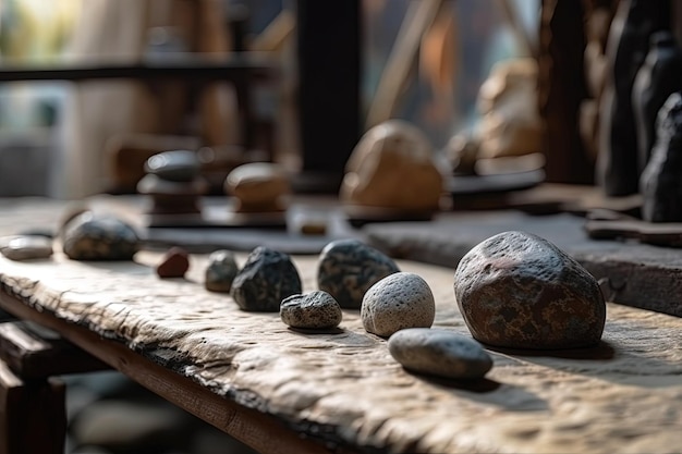 Tavolo in legno rustico ricoperto da una varietà di rocce e pietre naturali Generative AI