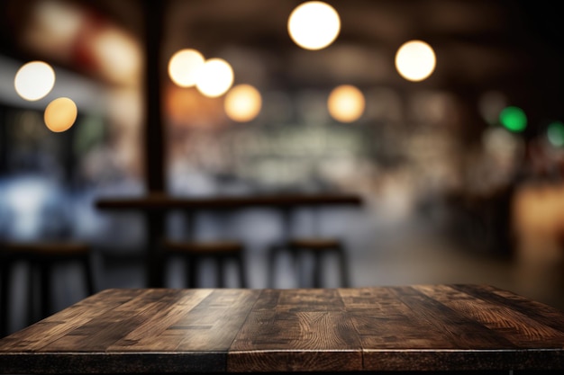 Tavolo in legno scuro con nessuno davanti allo sfondo del ristorante con un effetto bokeh astratto potrebbe essere utilizzato per montare o mostrare la tua merce Mockup relativo allo spazio