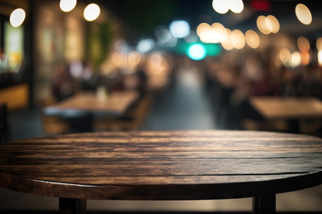 Tavolo in legno scuro senza nessuno davanti allo sfondo del ristorante con un effetto bokeh astratto