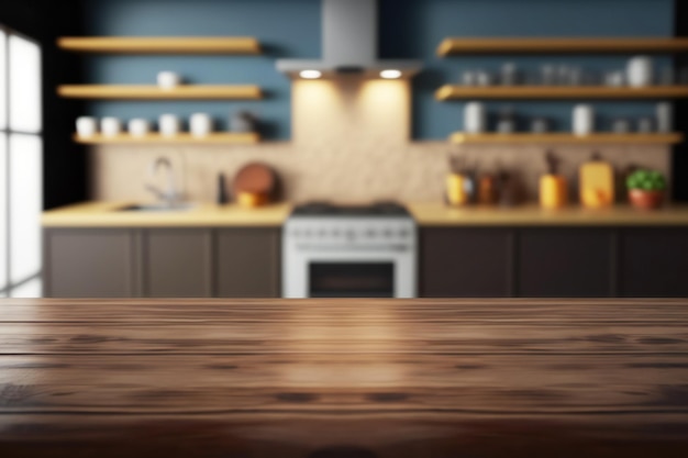 tavolo in legno scuro su sfocatura dello sfondo della stanza della cucina