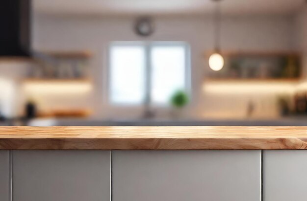 Tavolo in legno sfocato cucina moderna sfondo interno