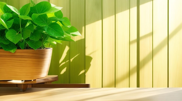 tavolo in legno sfondo verde muro con finestra luce solare crea ombra foglia sul muro con sfocatura interna