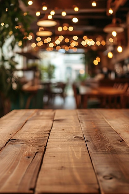 tavolo in legno su sfocamento di caffè caffetteria bar sfondo può essere utilizzato per l'esposizione o il montaggio