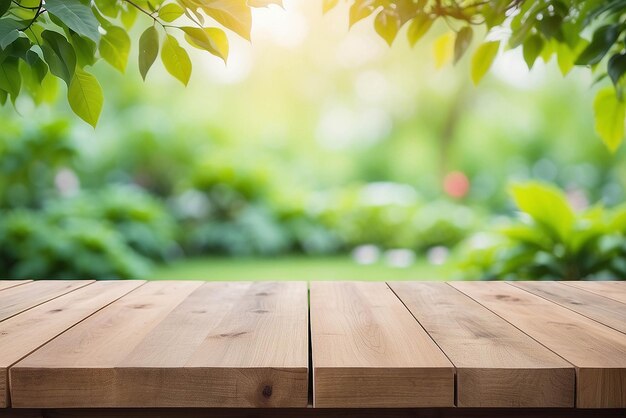 Tavolo in legno su sfocatura verde astratto dal giardino sullo sfondo mattutinoPer la visualizzazione del prodotto di montaggio o il layout visivo chiave di progettazione